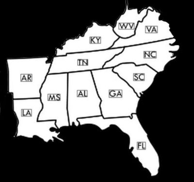 map displaying the states of the Southeast. Click for larger version.